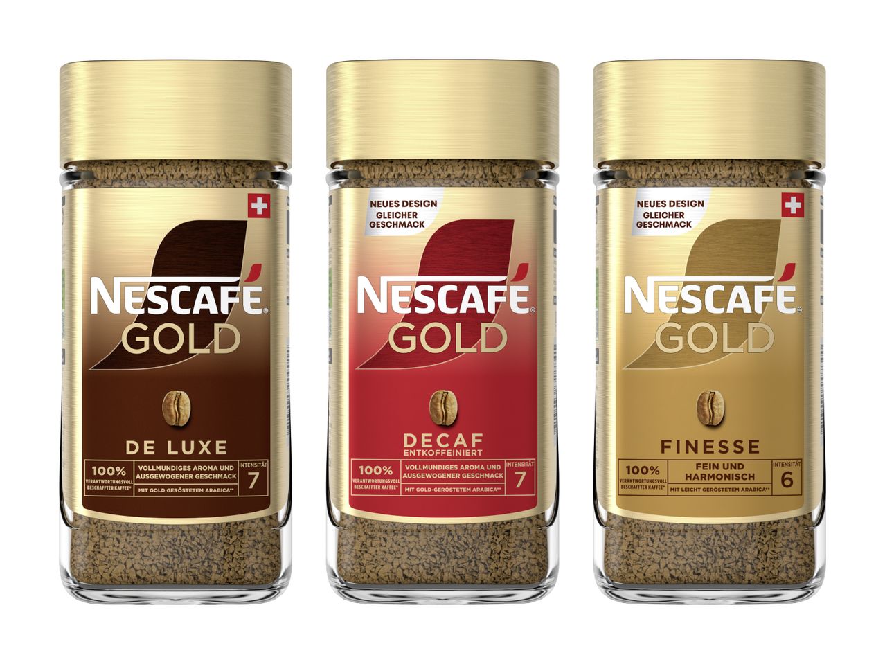 Drei Nescafé Gold Sorten: De Luxe, Decaf und Finesse im neuen Design.