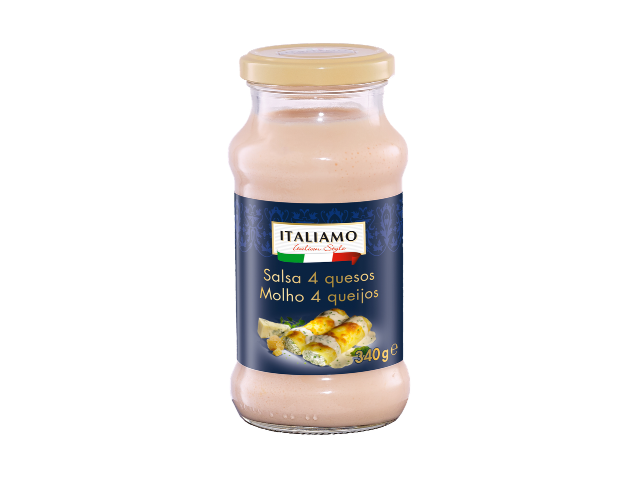 Um frasco de molho de quatro queijos Italian Style da marca ITALIAMO.