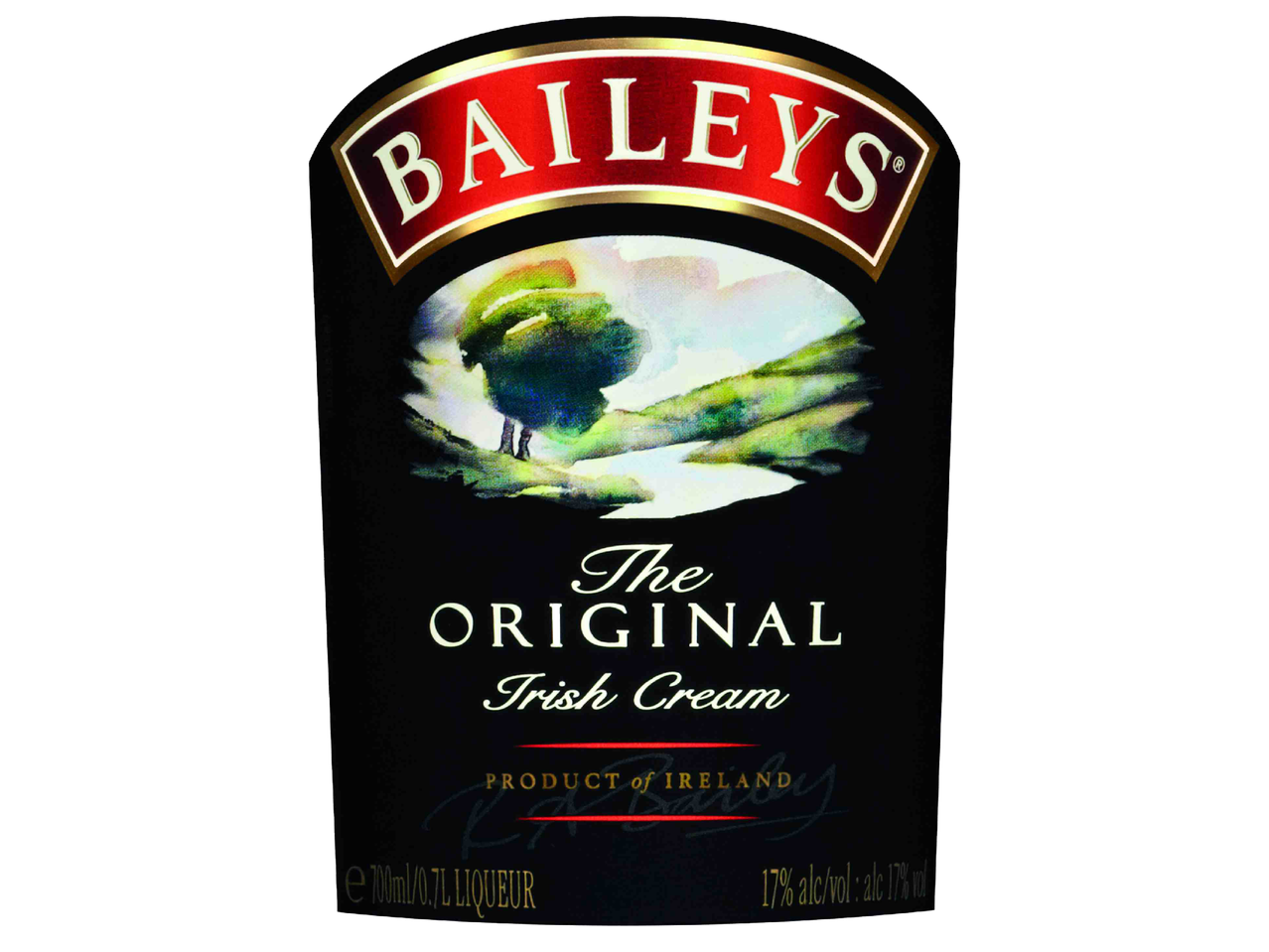 Етикет на бутилка ирландски крем ликьор с надпис „Оригиналният ирландски крем“ и 17% алкохол.