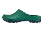 Green garden clog with a dark blue sole, side view.