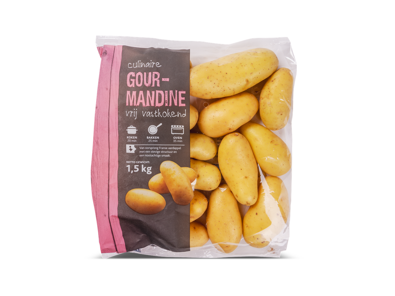 Een zak Gourmandine aardappelen van 1,5 kg, vrij vastkokend, met kookinstructies en productinformatie.