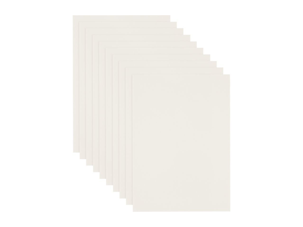 A stack of ten off-white rectangular sheets of paper, fanned out diagonally.