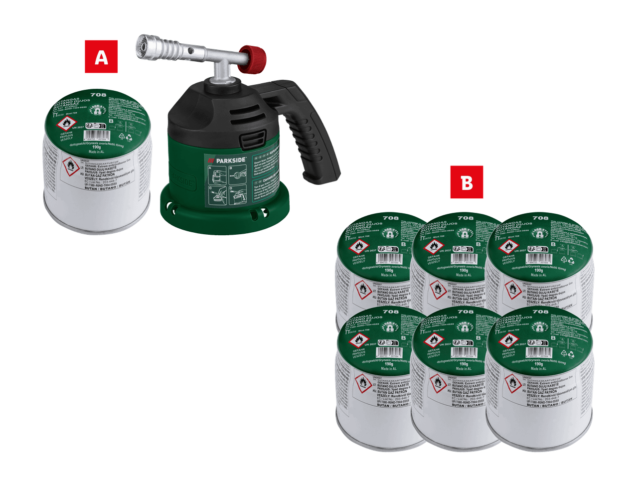 Kaasupoltin ja kuusi butaanikaasupatruunaa, joissa on varoitusmerkinnät.
