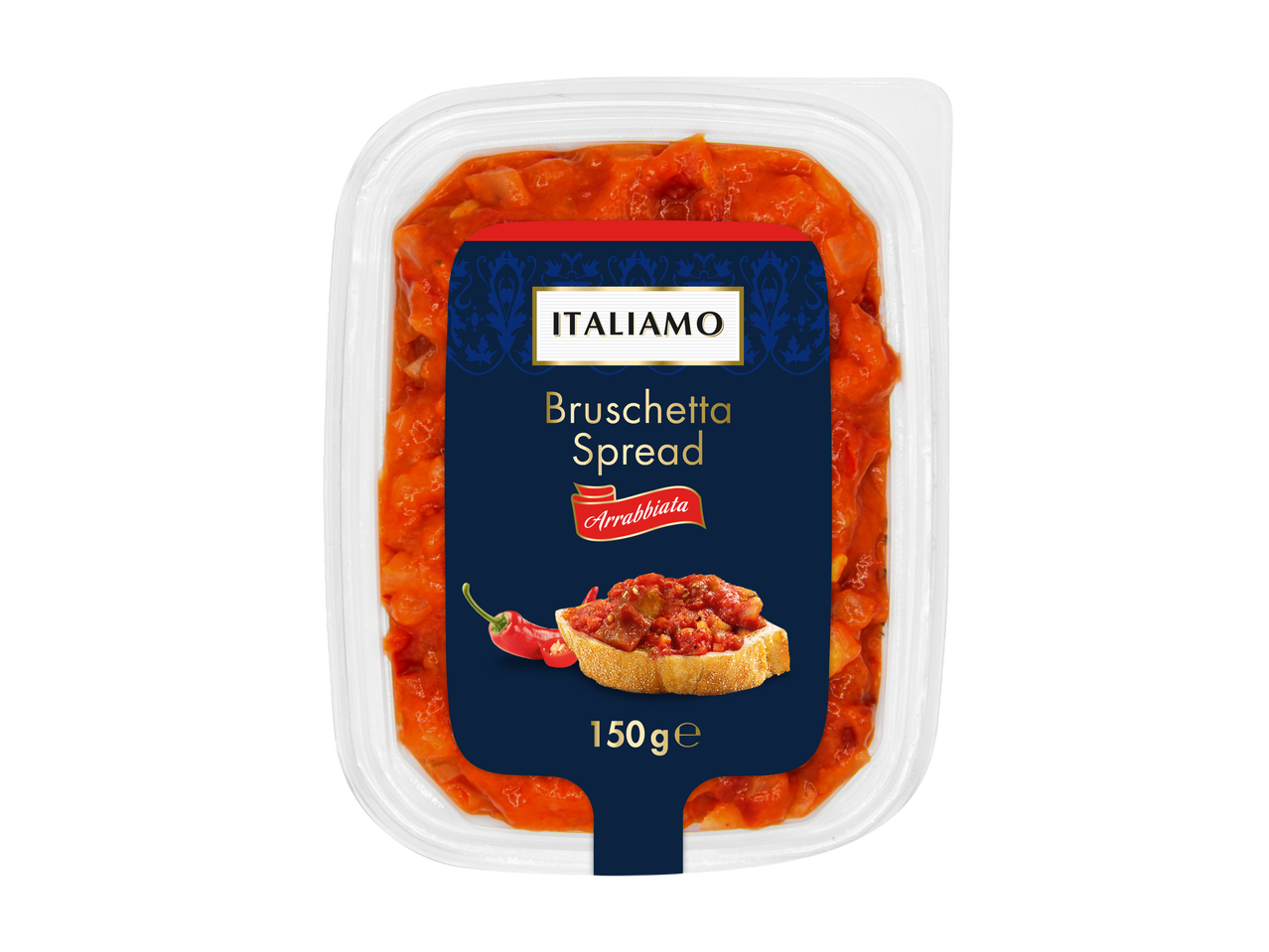 ITALIAMO Bruschetta Spread Arrabbiata, 150g, num recipiente de plástico transparente.