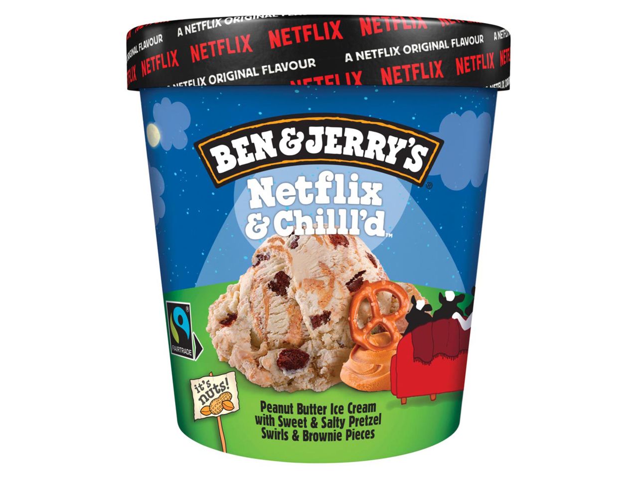 Ben & Jerry's Netflix & Chill'd ízű mogyoróvajas fagylalt, prézel és brownie darabokkal.