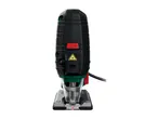 A black and green jigsaw with a red button and a laser guide.