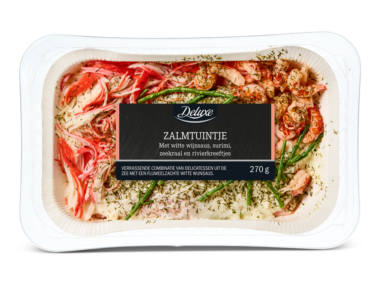Zalmtuintje met witte wijnsaus, surimi, zeekraal en rivierkreeftjes, 270 g.