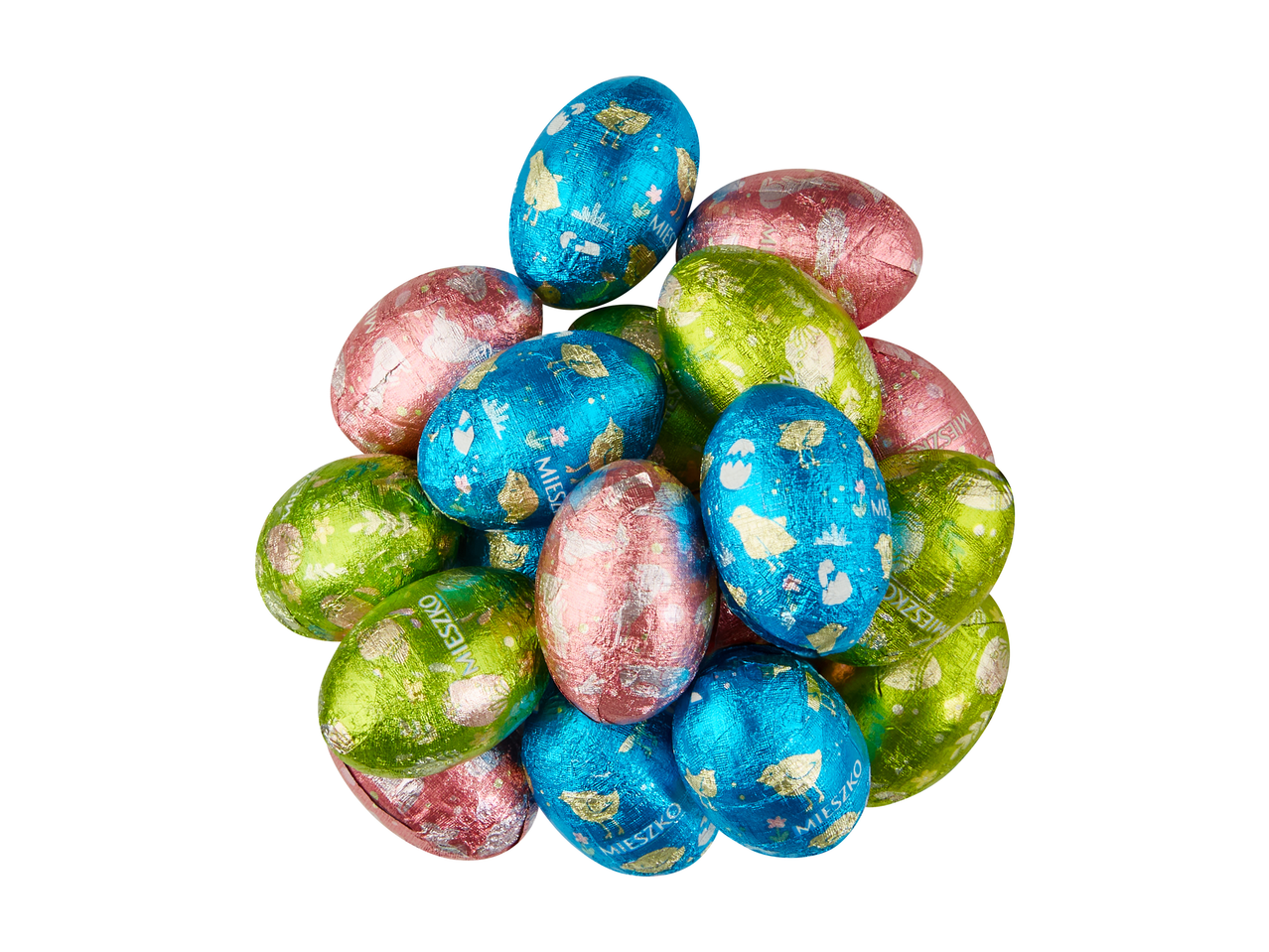 Hulk värvilisi fooliumisse pakitud lihavõttemune tibu- ja lillekujundustega.