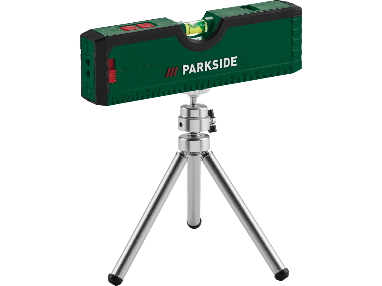 Parkside lazerinis gulsčiukas ant trikojo su matavimo skale ir burbuliniu lygio indikatoriumi.