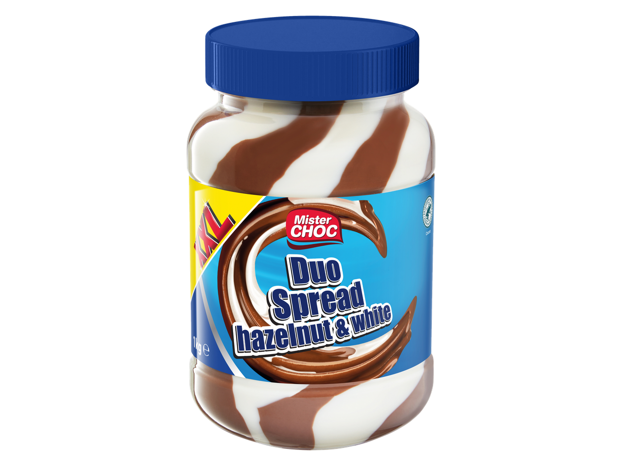 Mister Choc Duo Spread: hazelnoot en witte chocoladepasta in een pot.