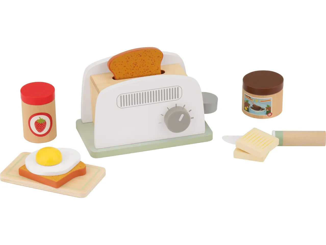 LUPILU® mediniai žaislinės virtuvės priedai: skrudintuvas, skrebutis, keptas kiaušinis, sviestas, uogienė ir šokolado kremas.