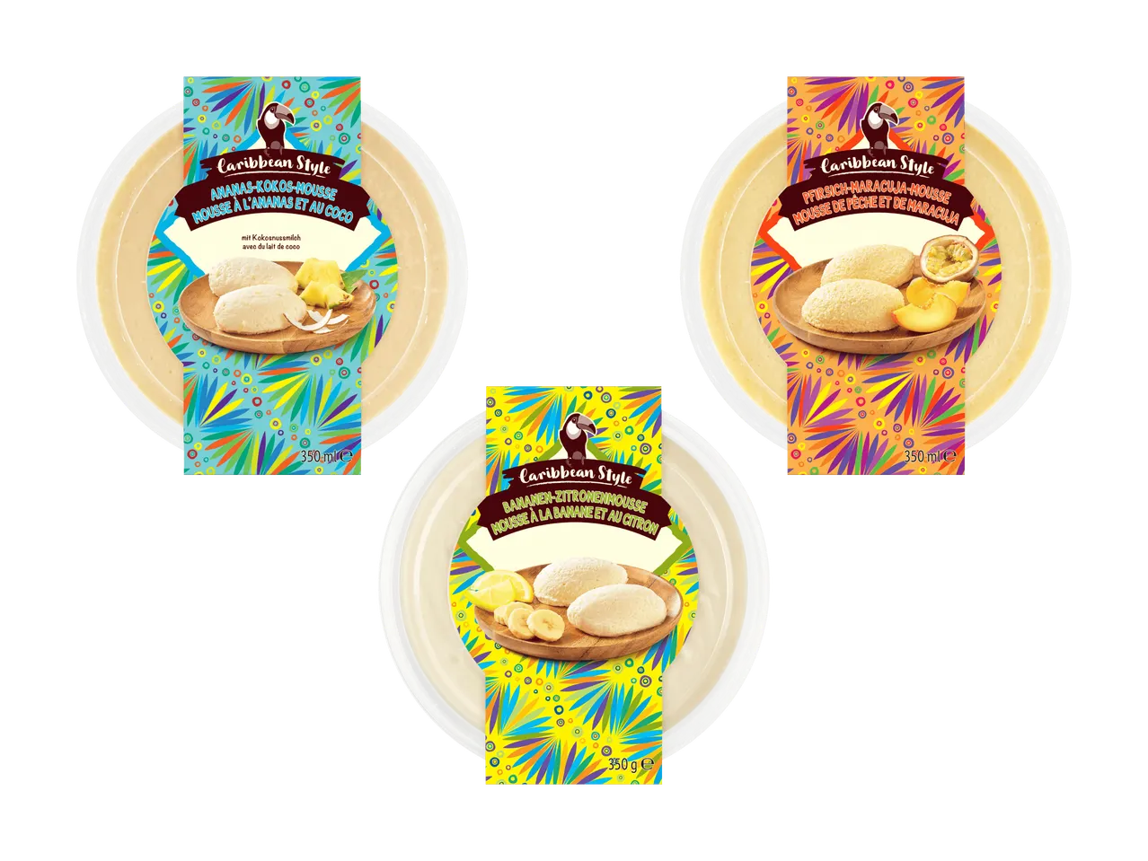 Tre mousse in stile caraibico: ananas-cocco, pesca-maracuja e banana-limone.