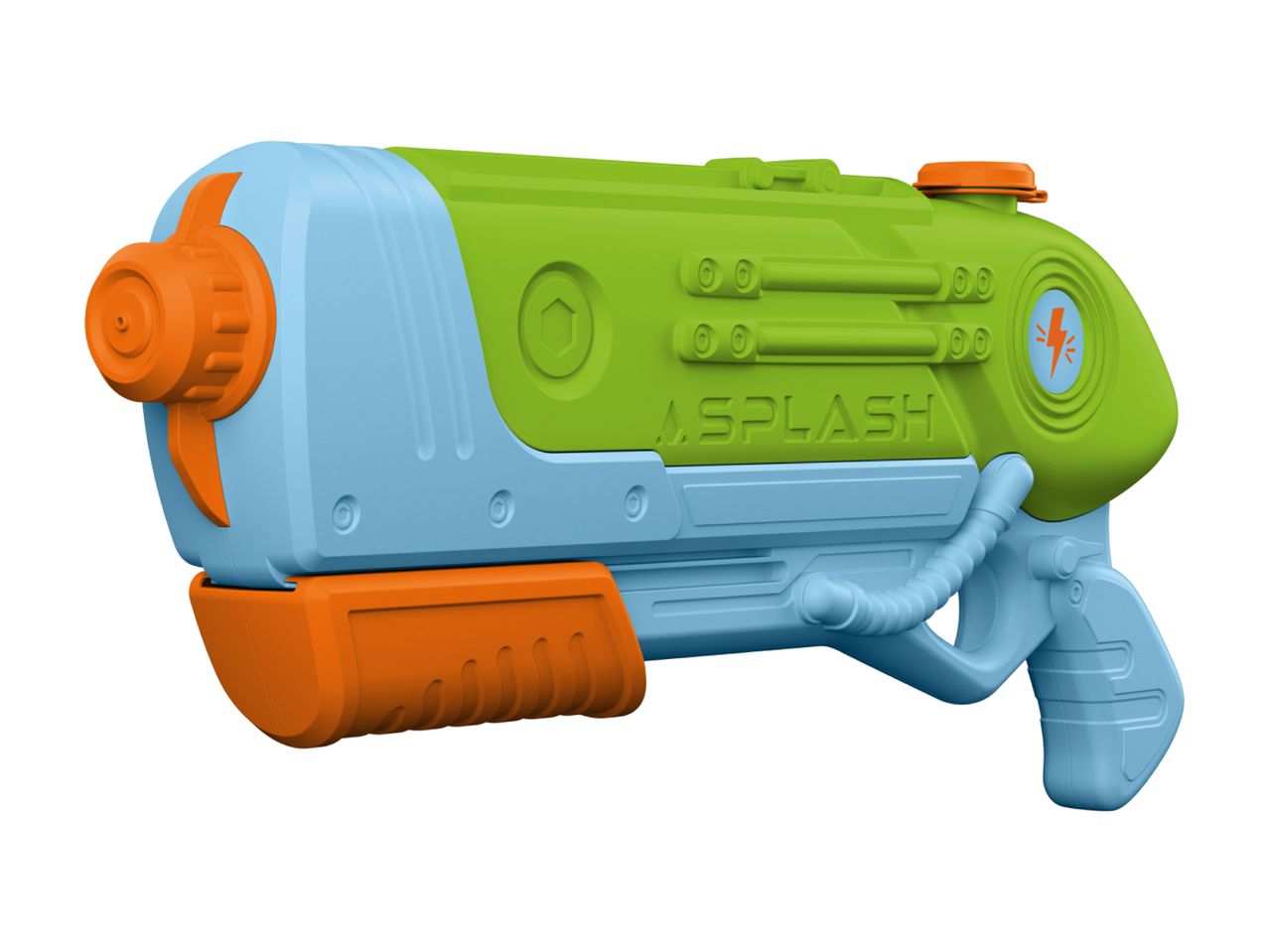 Colorful water blaster in blue, green, and orange with 'SPLASH' text and a lightning bolt icon.