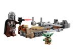 A Mandalorian minifigure with a blaster and a Grogu minifigure next to a speeder.