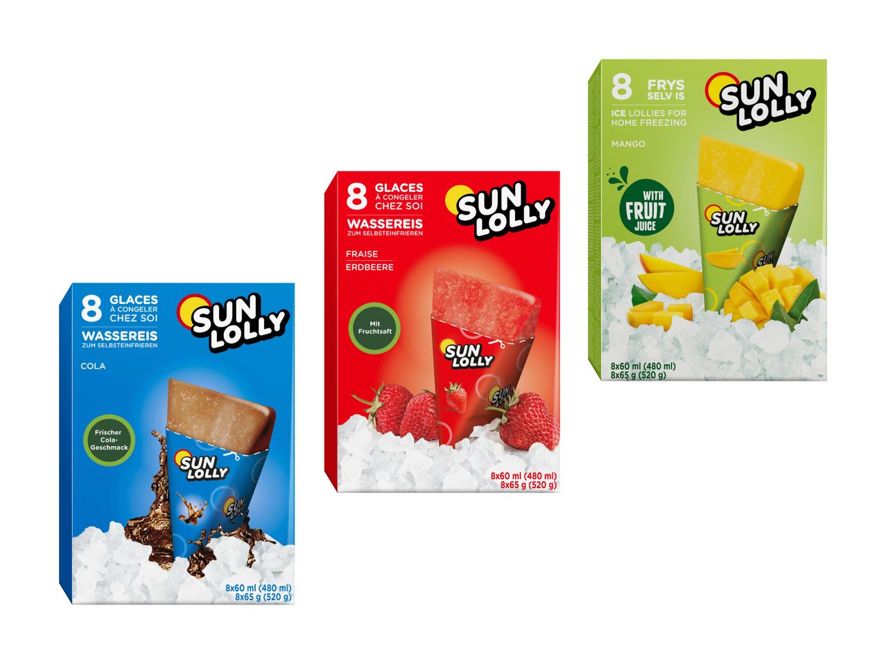Drei Packungen Slim Jim Eis am Stiel in verschiedenen Geschmacksrichtungen.