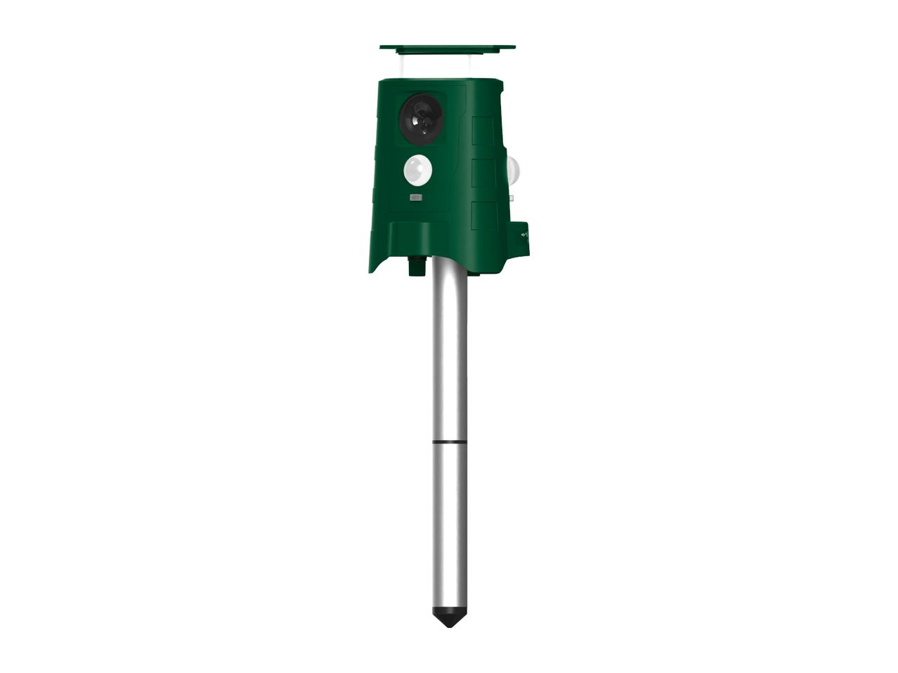 Green ultrasonic animal repeller with a solar panel and a ground stake.
