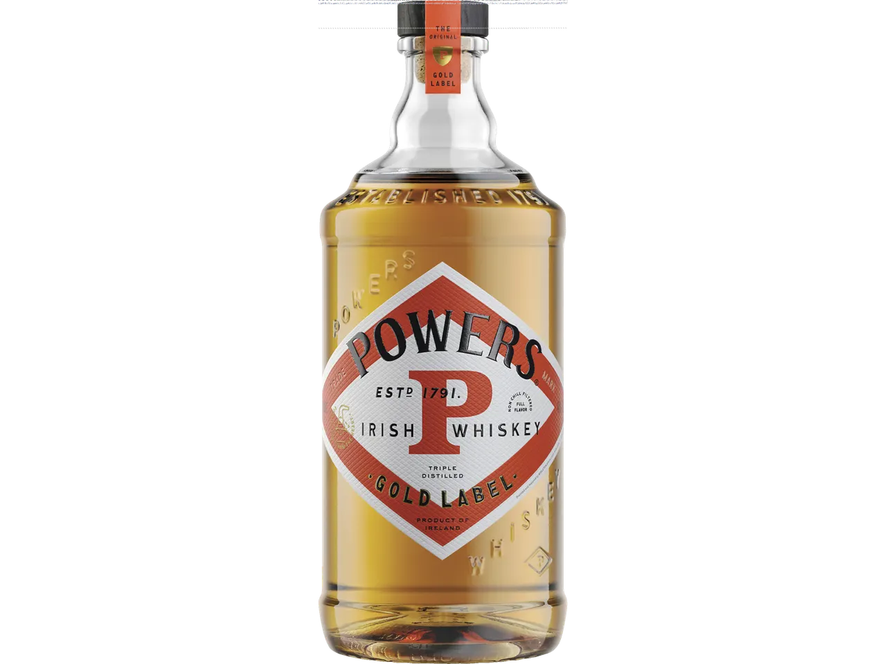 Powers Gold Label Irish Whiskey bottle with a red and white diamond-shaped label.