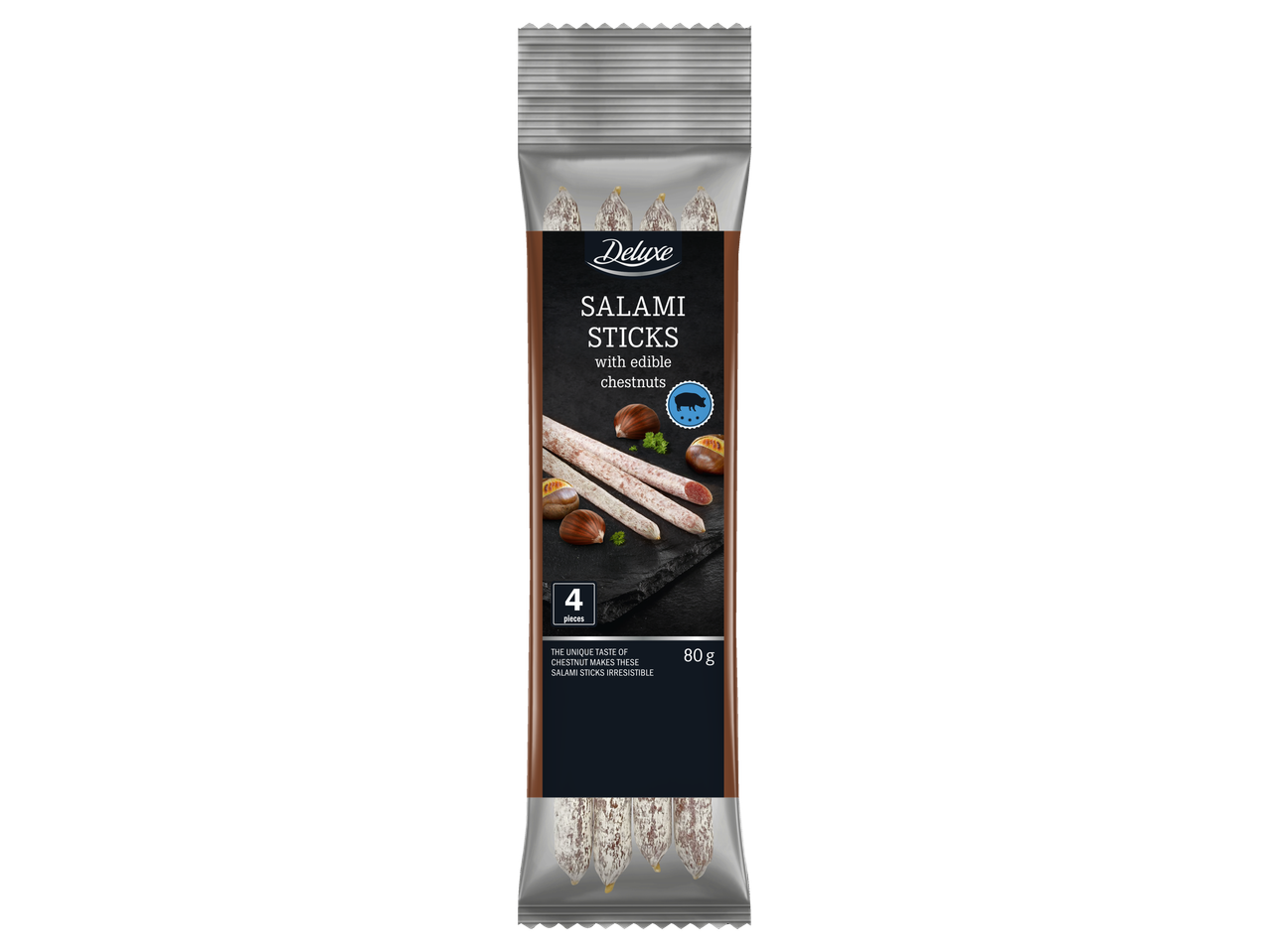Deluxe Salami Sticks ar ēdamajiem kastaņiem, 4 gabali, 80g iepakojums