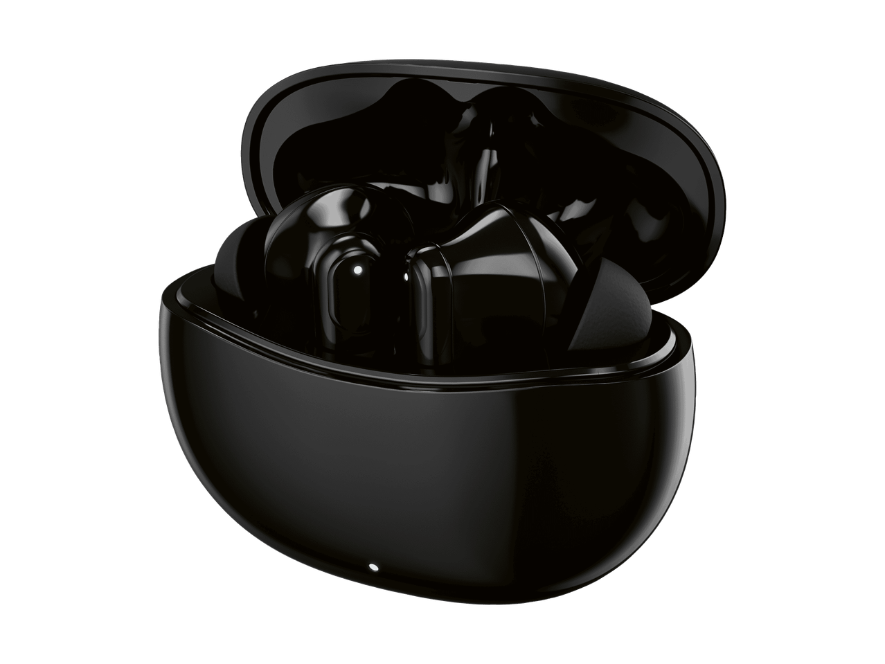 Auricolari wireless neri all'interno della loro custodia di ricarica aperta.