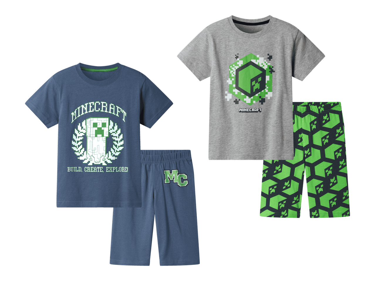 Kaksi Minecraft-aiheista lasten pyjamasettiä: toinen tummansininen ja toinen harmaa vihreillä kuvioilla.