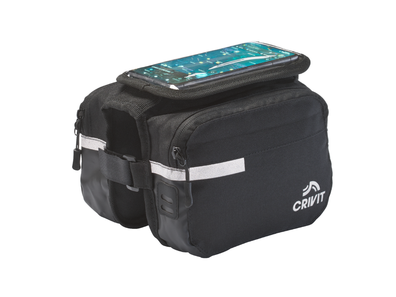 Черна чанта за велосипед с отделение за телефон и светлоотразителни елементи.