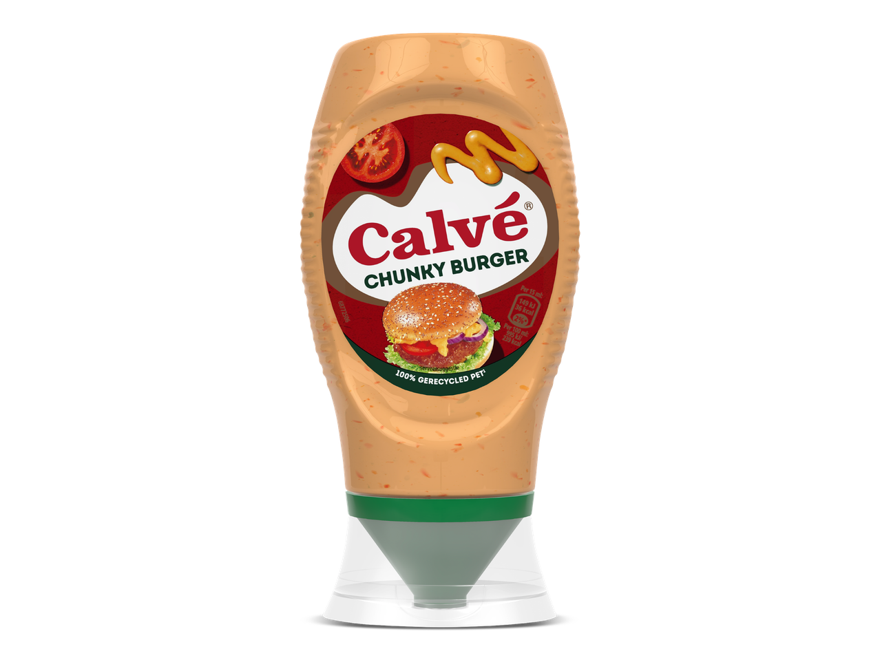 Fles chunky burgersaus met een label met een burger, tomaat en mosterd.