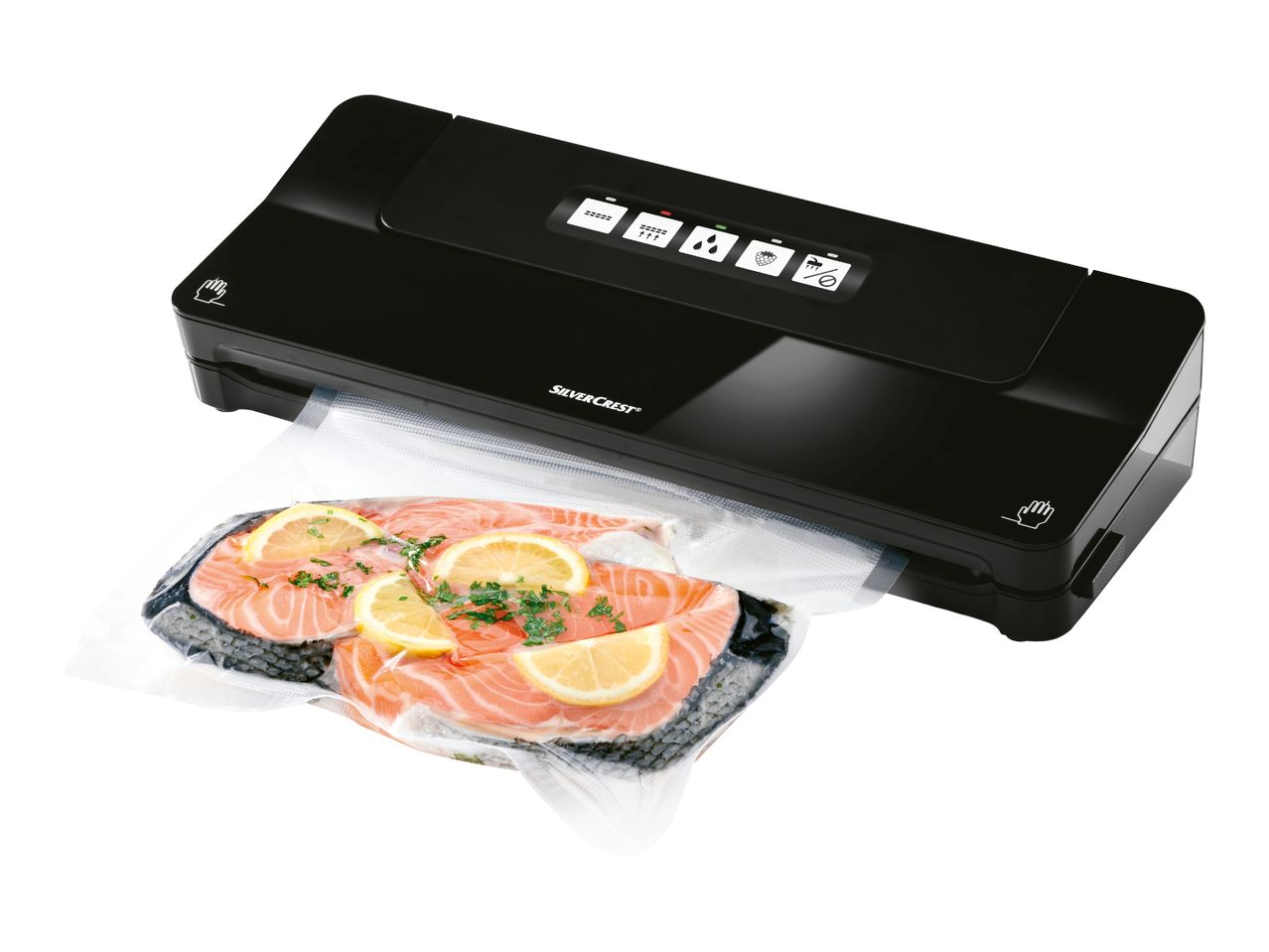 A black vacuum sealer machine next to a vacuum sealed bag of salmon.