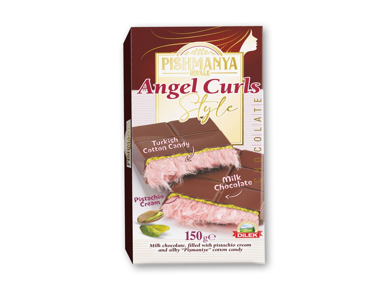 Pishmanya Royale Angel Curls Style mælkechokolade med pistaciecreme og tyrkisk candyfloss.