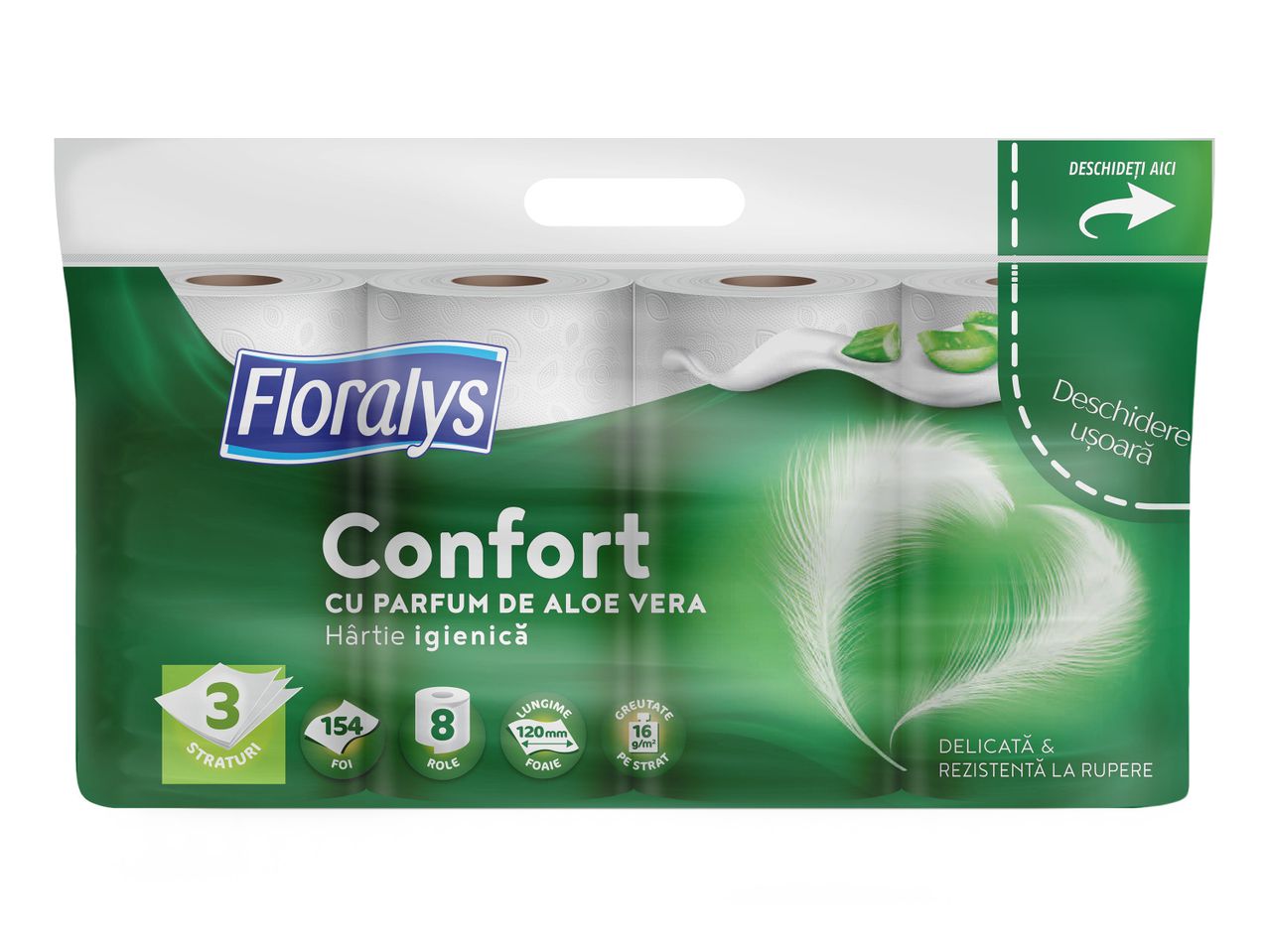 Ambalaj Floralys Comfort cu 8 role hârtie igienică cu aloe vera.