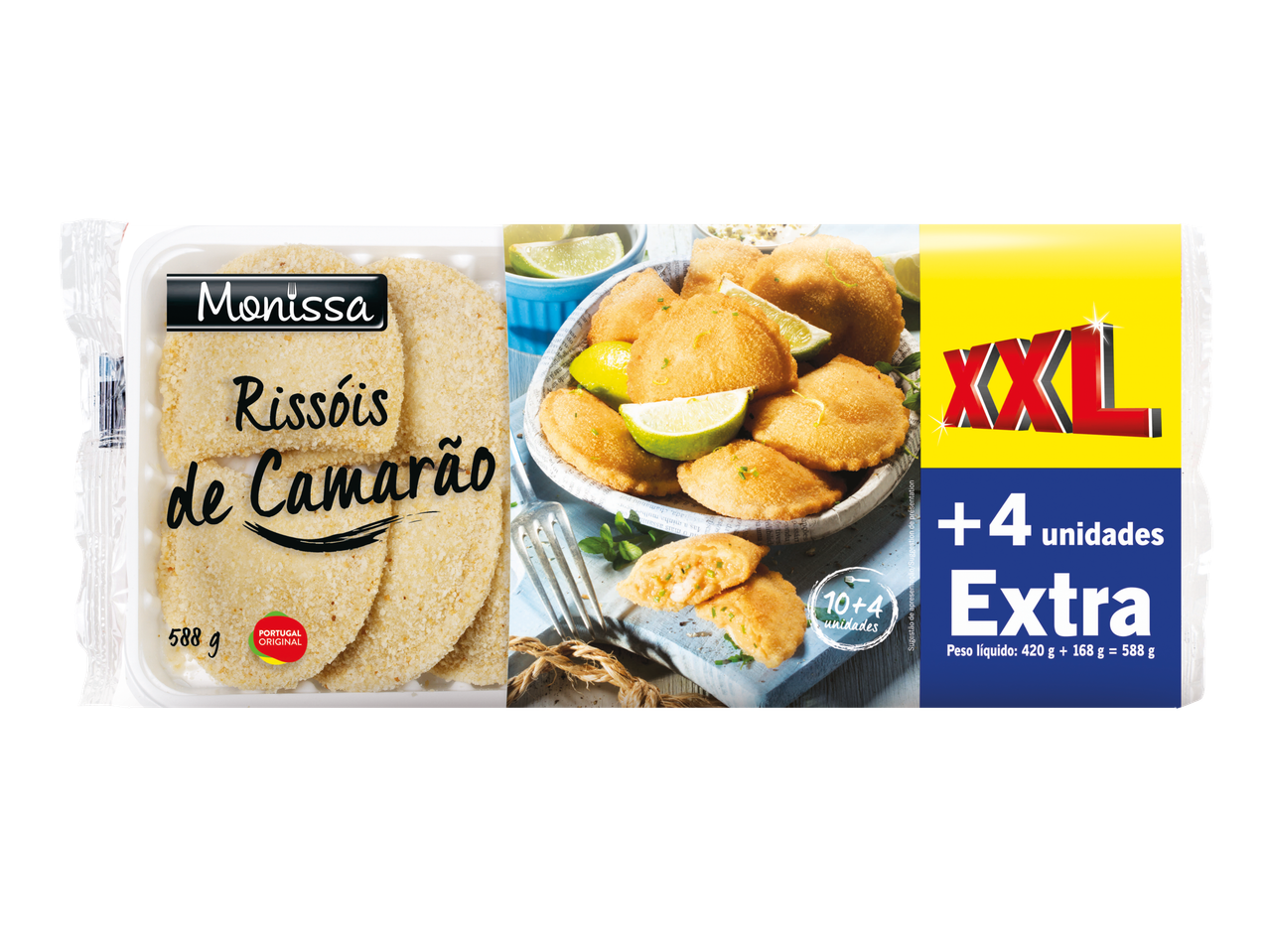 Rissóis de Camarão Monissa XXL: 588g de croquetes de camarão congelados com 4 unidades extra.