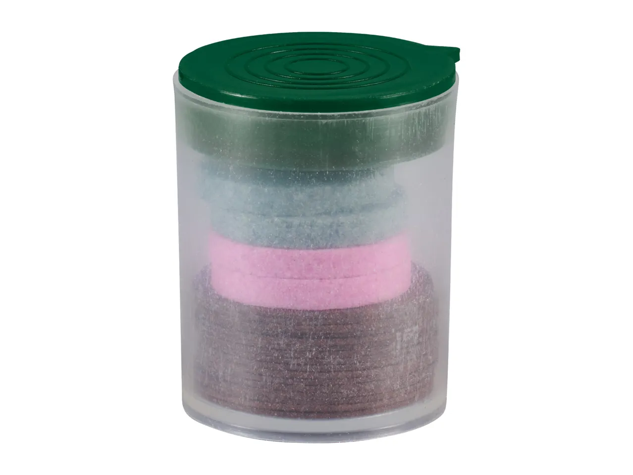 A clear container with a green lid, holding stacks of circular abrasive discs in brown, pink, and blue.
