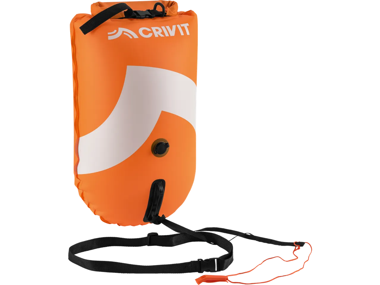 Orange swimming buoy with a white stripe, black straps, and a whistle.