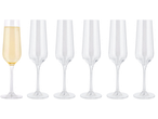 Seis flutes de champanhe, um cheio de líquido dourado e cinco vazios, sobre fundo preto.
