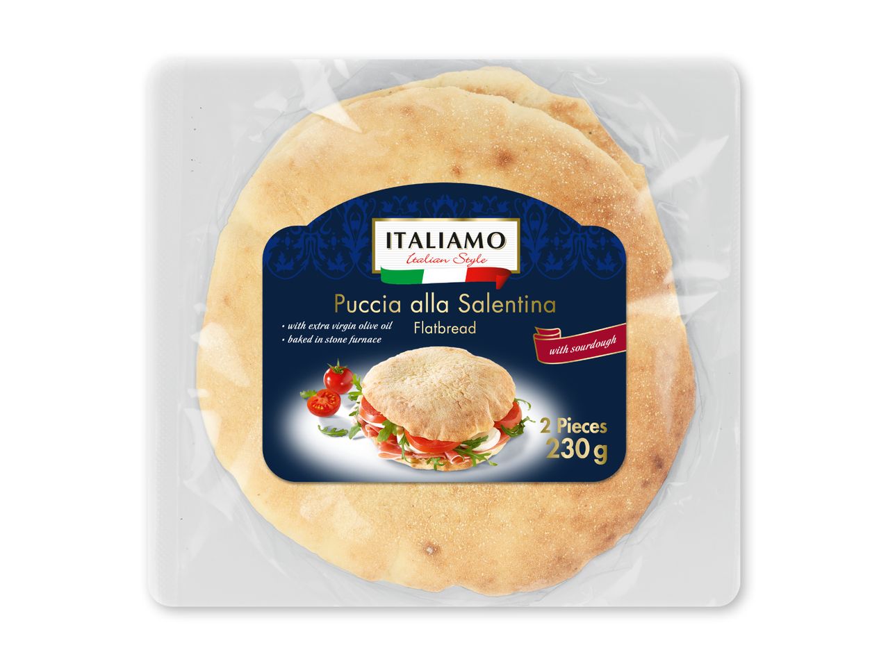 ITALIAMO Puccia alla Salentina fladbrød, 2 stk. (230g), bagt i stenovn med ekstra jomfru olivenolie og surdej.