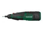 A green and black cordless rotary tool with a grinding bit, featuring 12V max Lithium power.