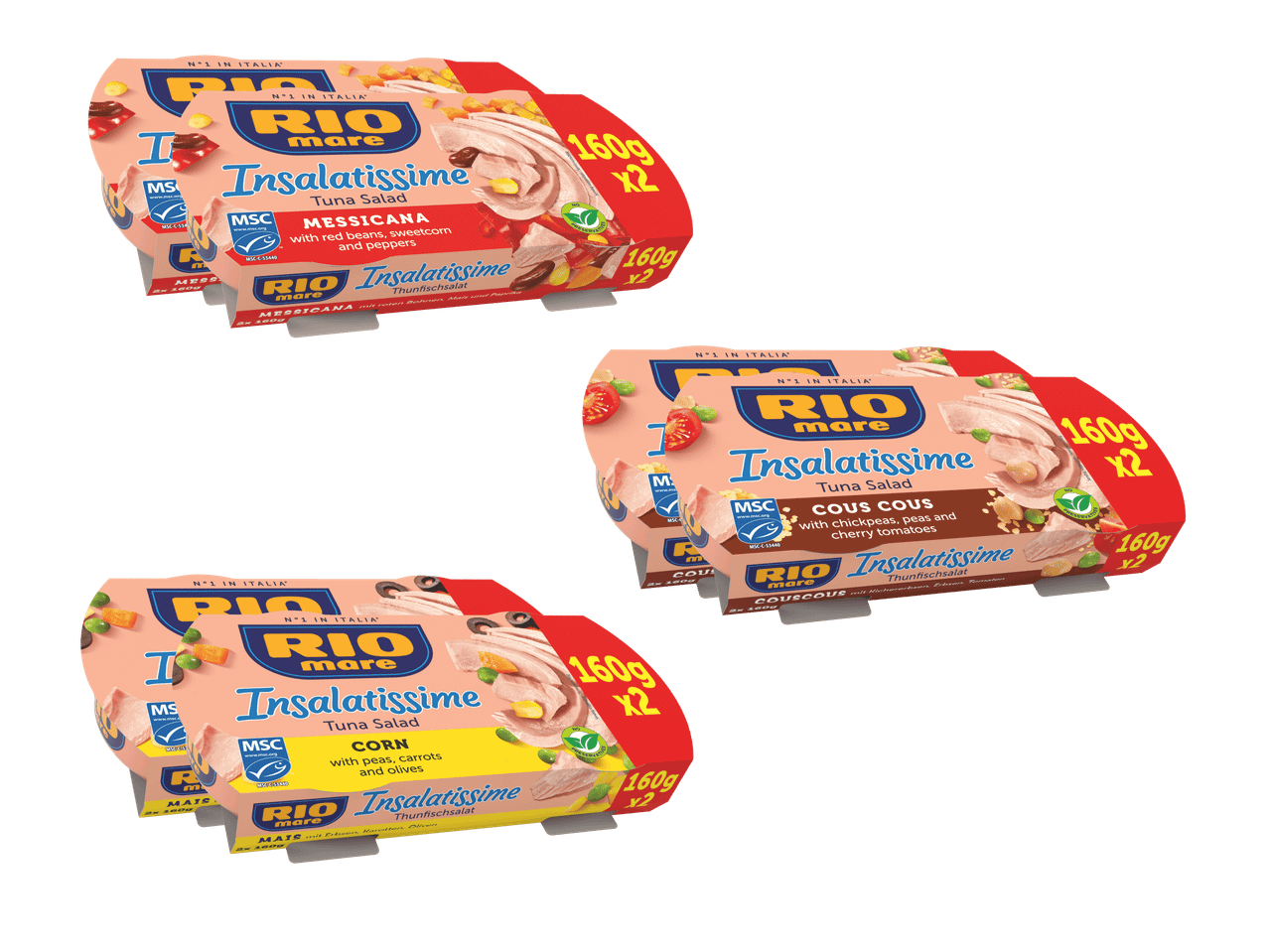 Drei Doppelpackungen Thunfischsalat in verschiedenen Geschmacksrichtungen: mexikanisch, Couscous und Mais.