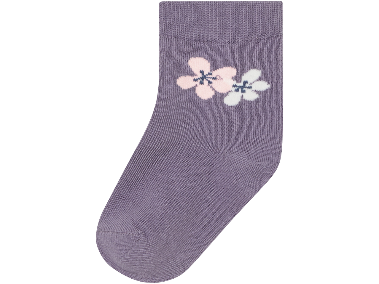 Purple baby socks with pink and white flower accents.