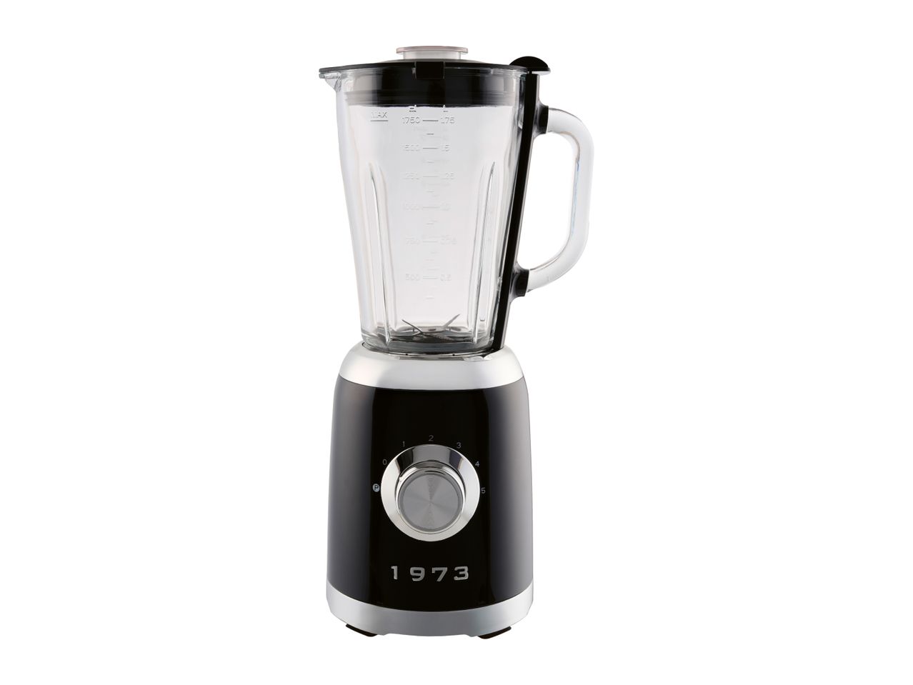 Retro-style black and silver blender with a glass jug and 1973 lettering