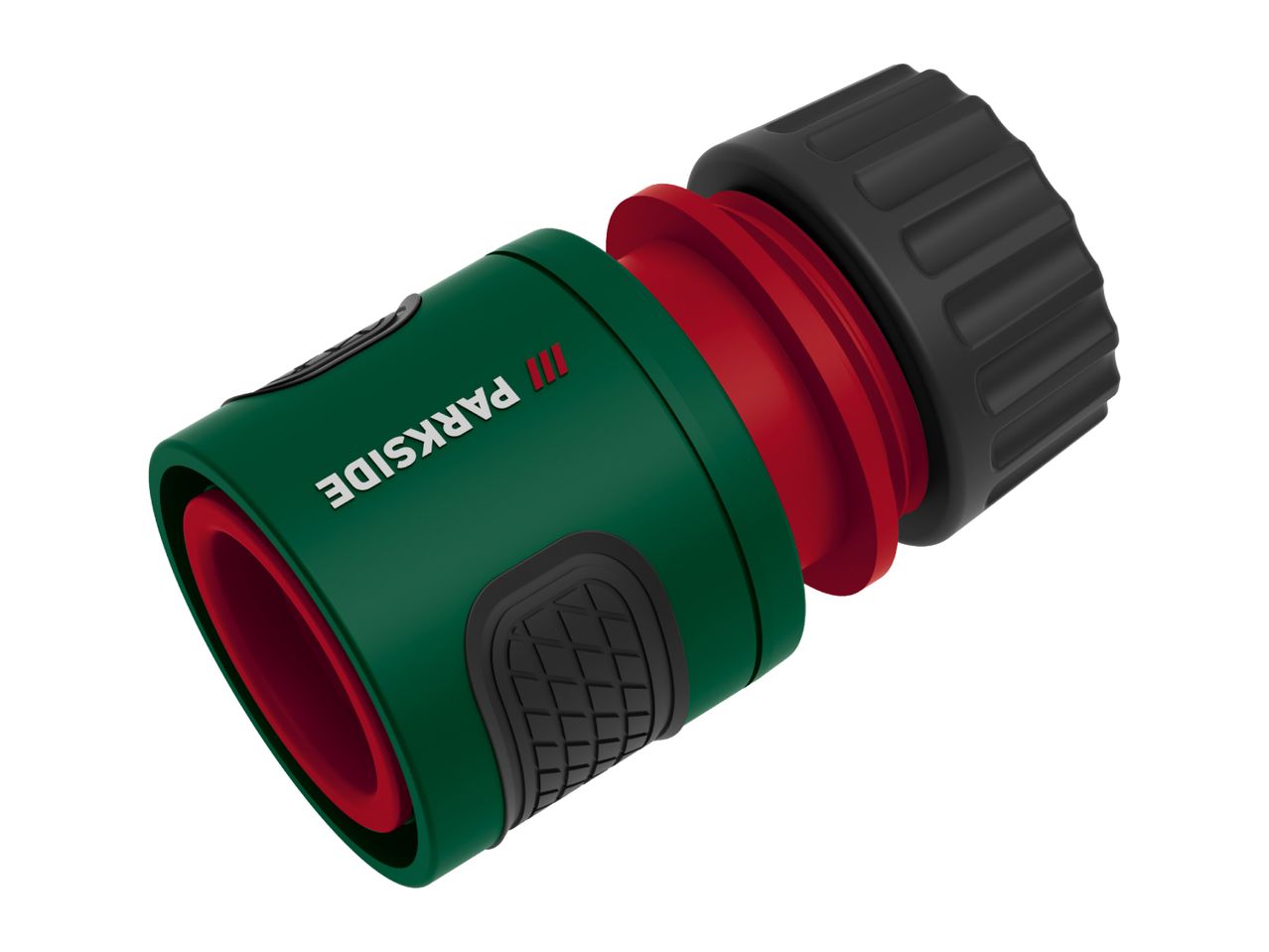 Green and red hose connector with black textured grips and a black screw cap.