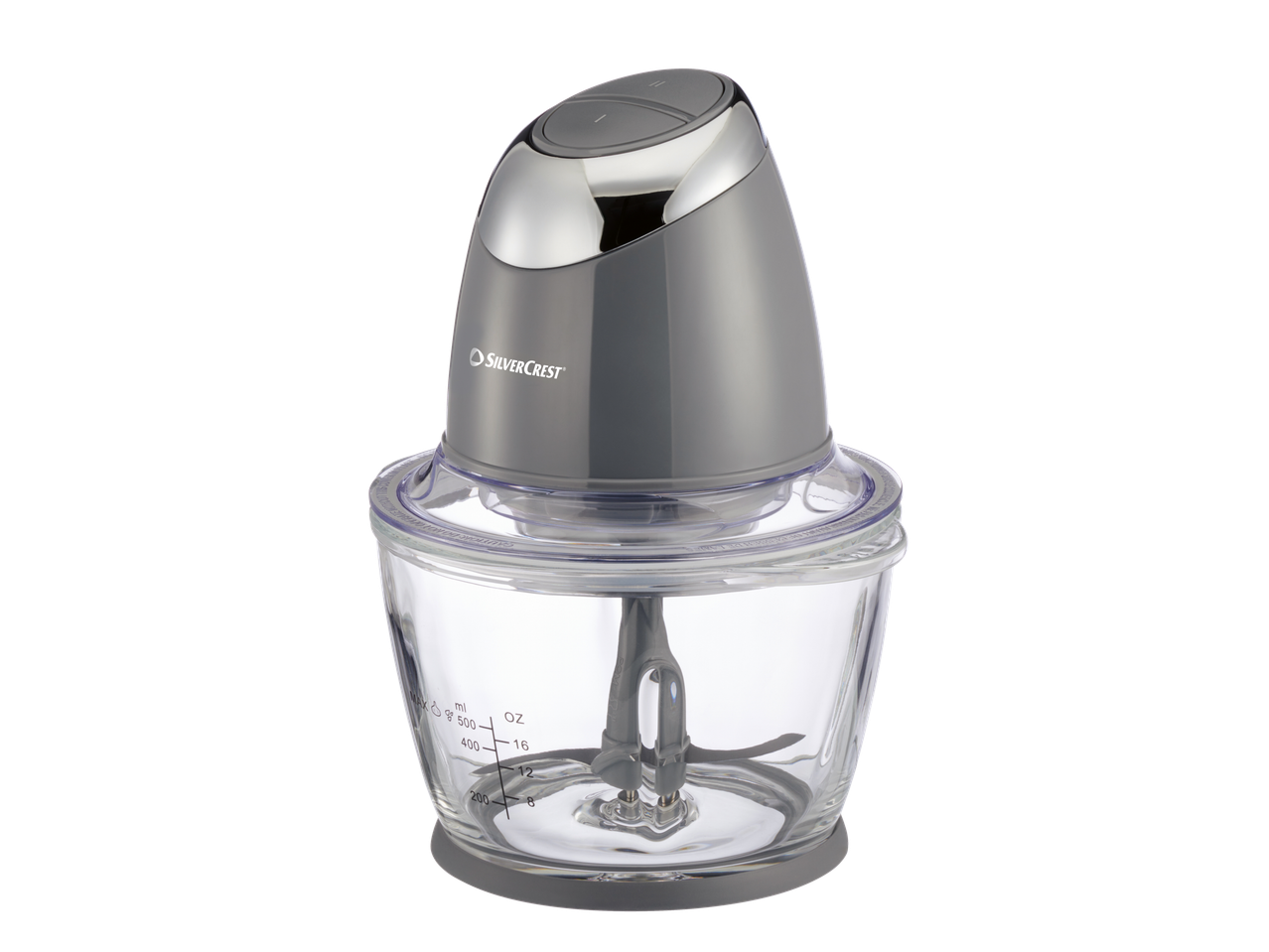 Picador SilverCrest cinza com tigela de vidro.