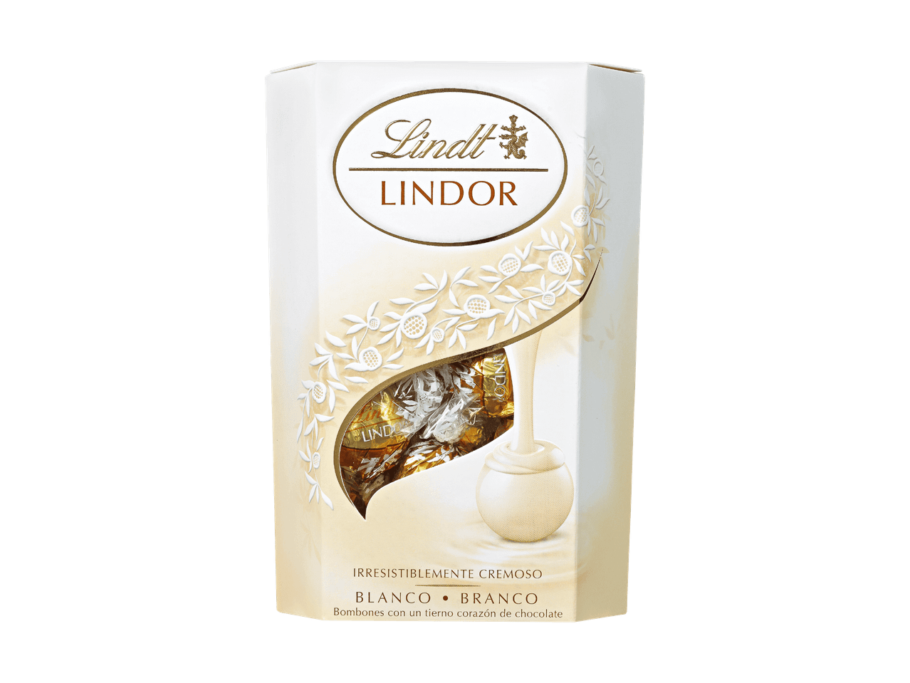 Boîte de chocolats blancs crémeux avec un cœur tendre, emballés individuellement.