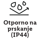 Otporno na prskanje (IP44) – ikona sa kapljicama vode koje se odbijaju od površine.