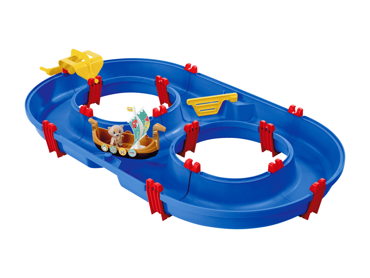 Blaue Wasserbahn mit Wikingerboot und Tierfigur, sowie gelben und roten Zubehörteilen.