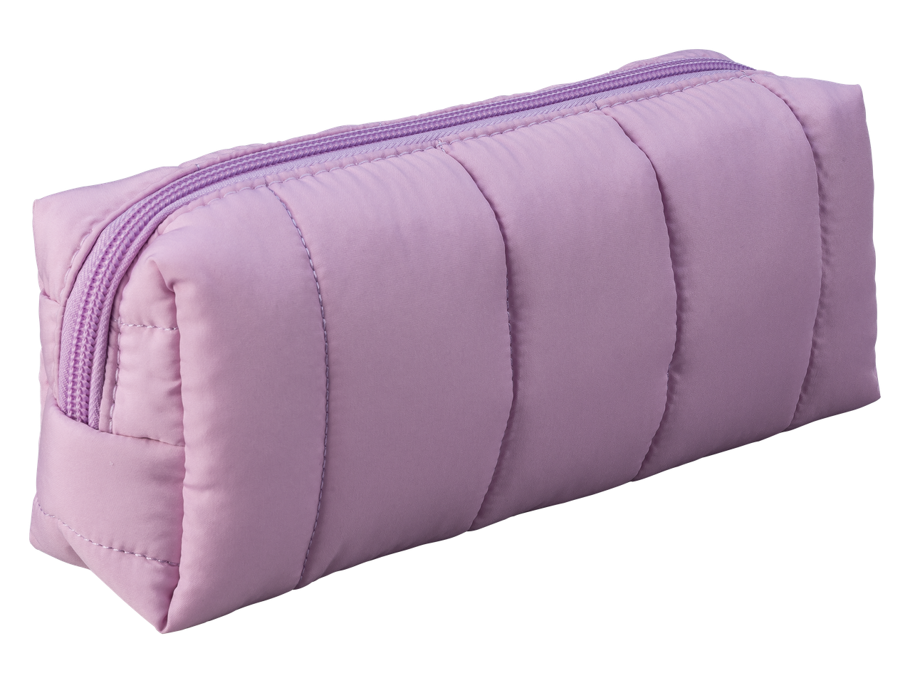 Trousse de maquillage matelassée violette avec fermeture éclair.