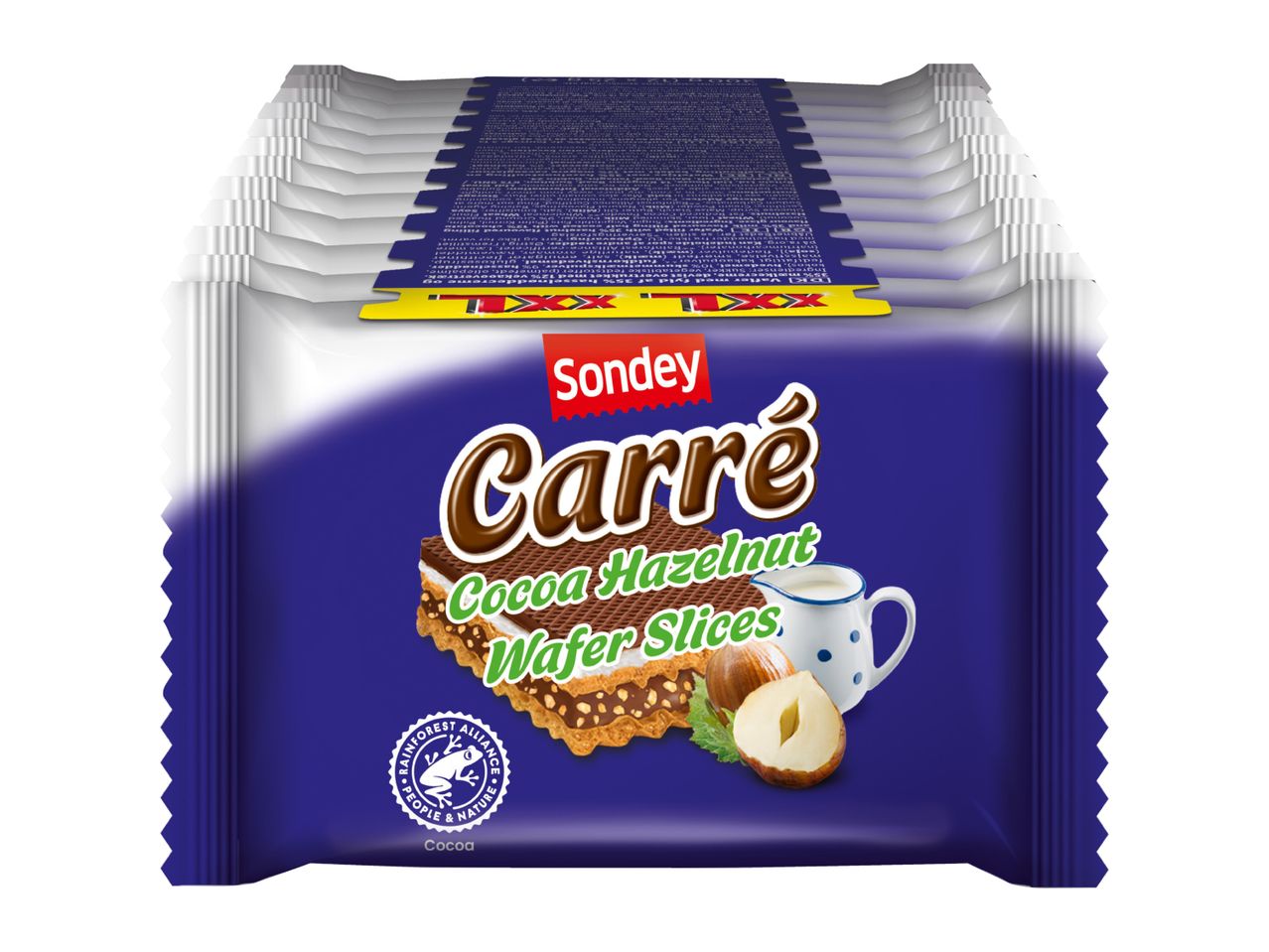 Sondey Carré Cocoa Hazelnut Wafer Slices, Rainforest Alliance certified cocoa.