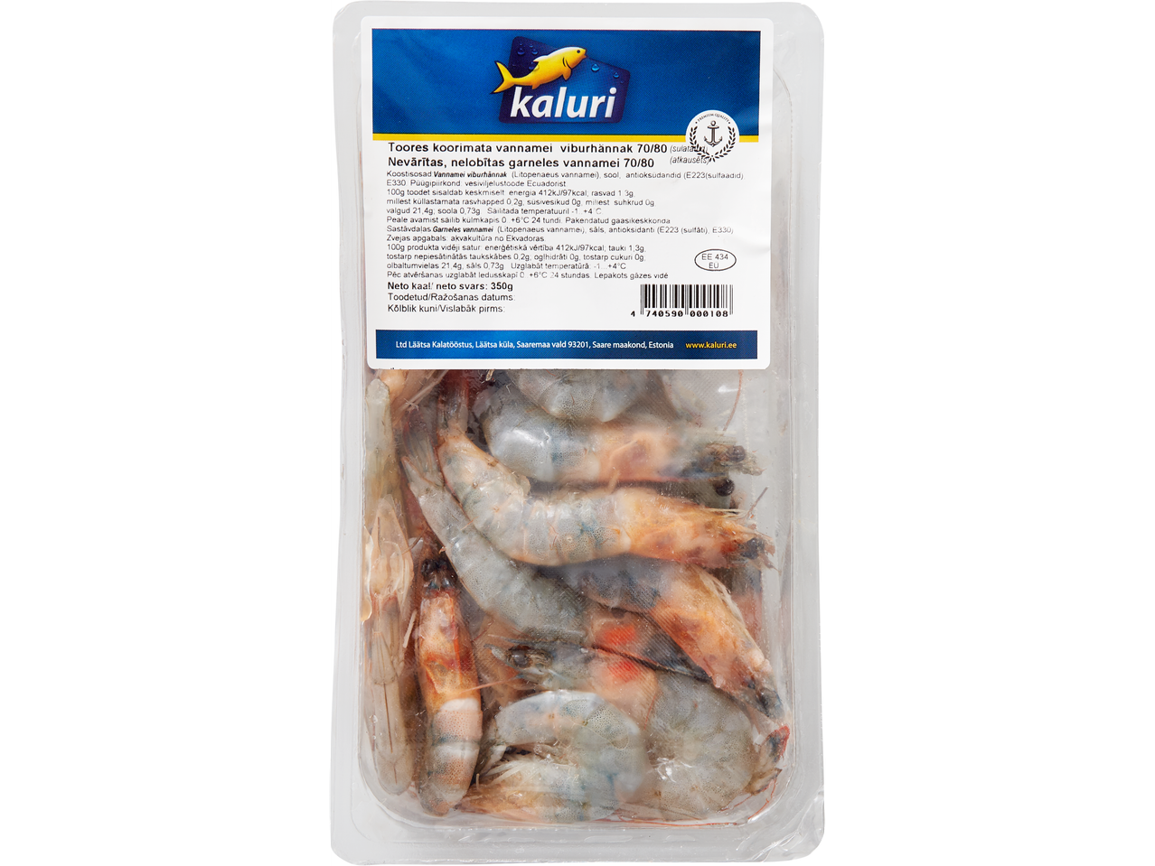 Kaluri Vannamei krevetid 70/80, külmutatud.