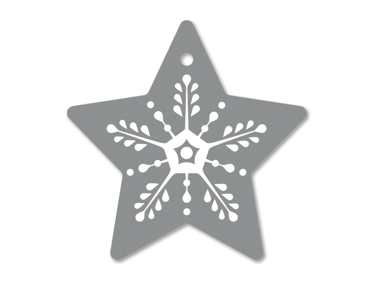 Grey star-shaped Christmas ornament with a white snowflake design.
