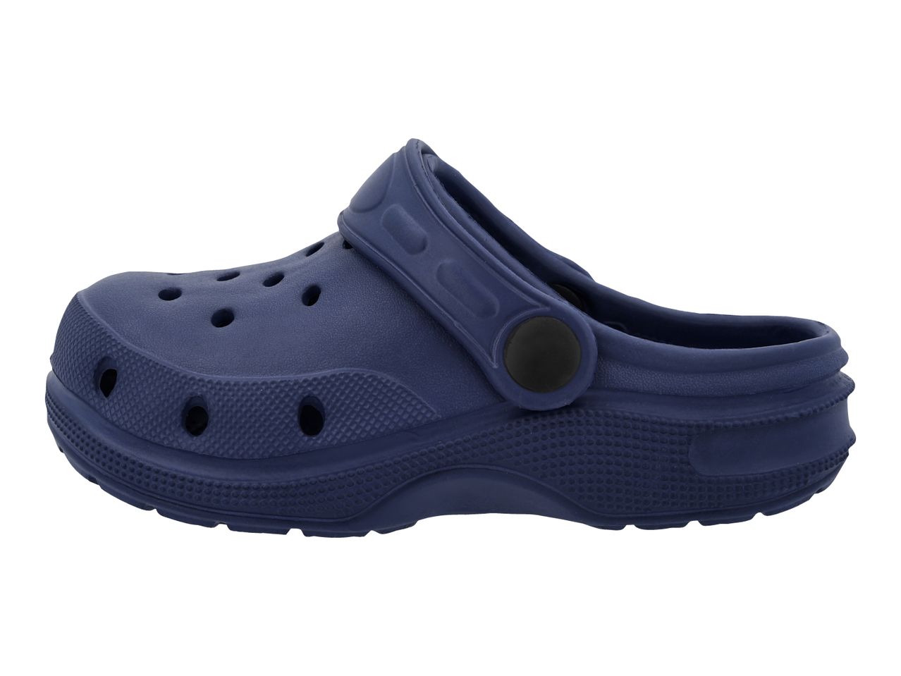Dark blue clogs with ventilation holes and a movable heel strap.