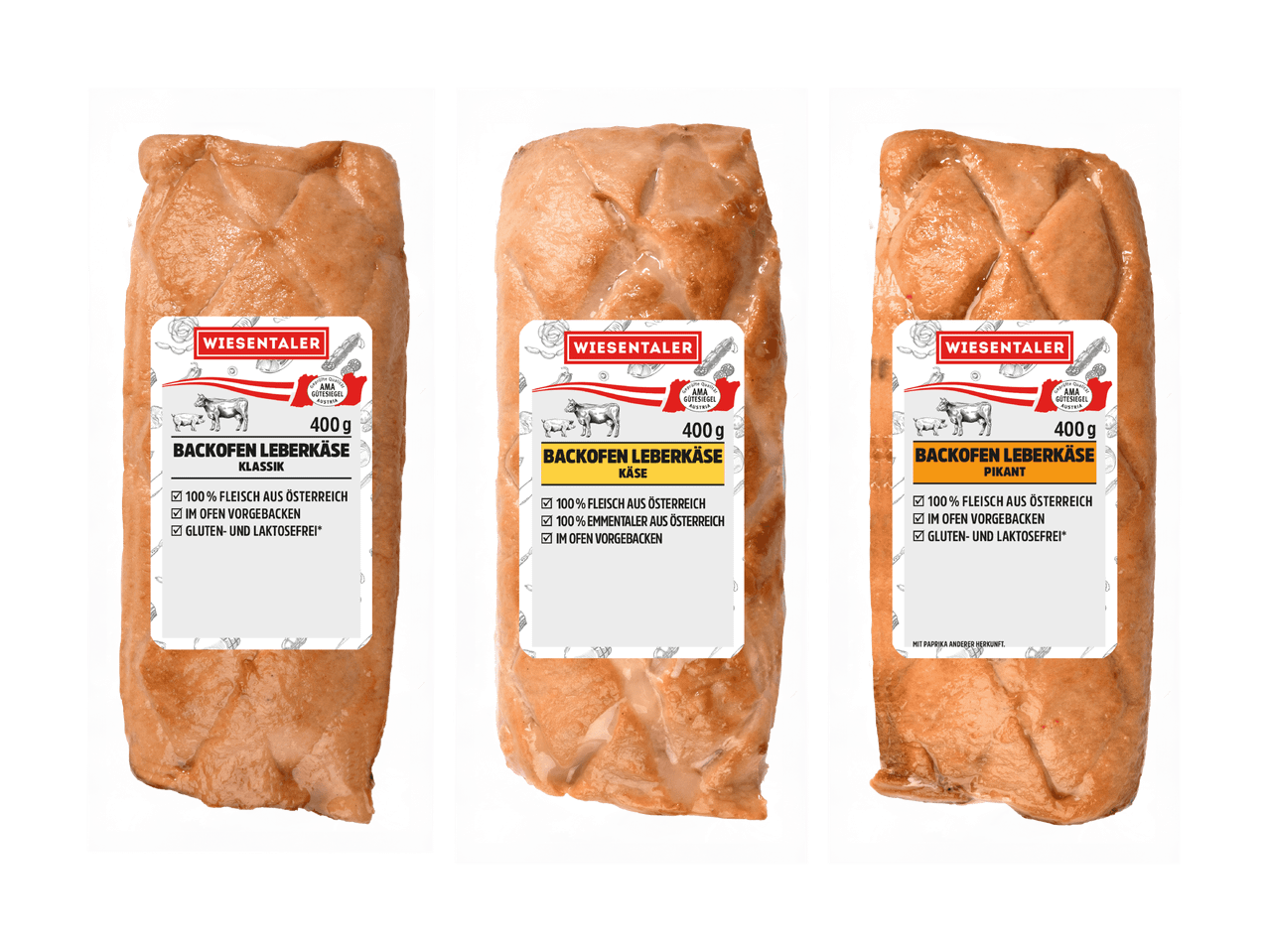 Drei Packungen vorgebackener Leberkäse: Klassik, Käse und Pikant.