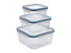 Three clear square food storage containers with blue-grey lids, stacked from largest to smallest.